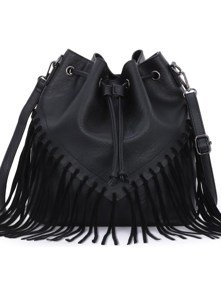Fringe Bucket Bags For Women Vegan Faux Suede Leather Western Hobo Purse Crossbo